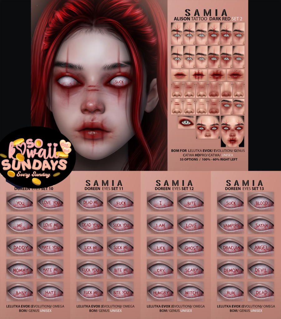 Alison Face Tattoos Red - Catwa/Evo/EvoX/Genus | Doreen Eyes Red - BOM/Evo/EvoX/Genus/Omega	&lt;a href=&quot;http://maps.secondlife.com/secondlife/District%20Blue/214/105/3006&quot; target=&quot;_blank&quot;&gt;Teleport&lt;/a&gt;
