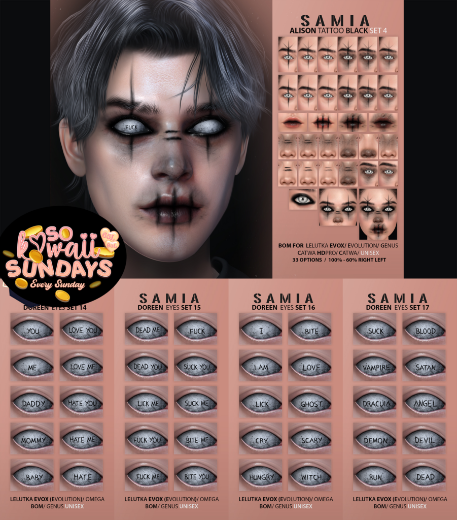 Alison Face Tattoos Black - Catwa/Evo/EvoX/Genus | Doreen Eyes Black - BOM/Evo/EvoX/Genus/Omega	&lt;a href=&quot;http://maps.secondlife.com/secondlife/District%20Blue/214/105/3006&quot; target=&quot;_blank&quot;&gt;Teleport&lt;/a&gt;