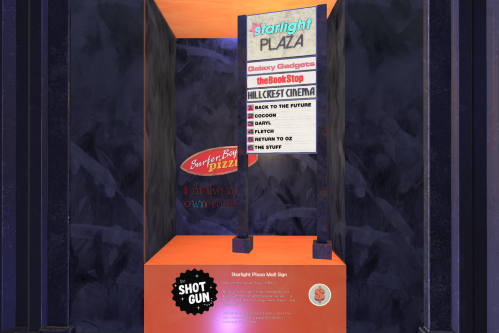 Starlight Plaza Mall Sign, L$299 | Rules Neon Sign, L$50 | Surfer Boy Pizza Sign, L$50