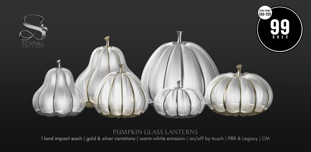 Pumpkin Glass Lanterns Decor	&lt;a href=&quot;http://maps.secondlife.com/secondlife/Calvelo/192/248/21&quot; target=&quot;_blank&quot;&gt;Teleport&lt;/a&gt;