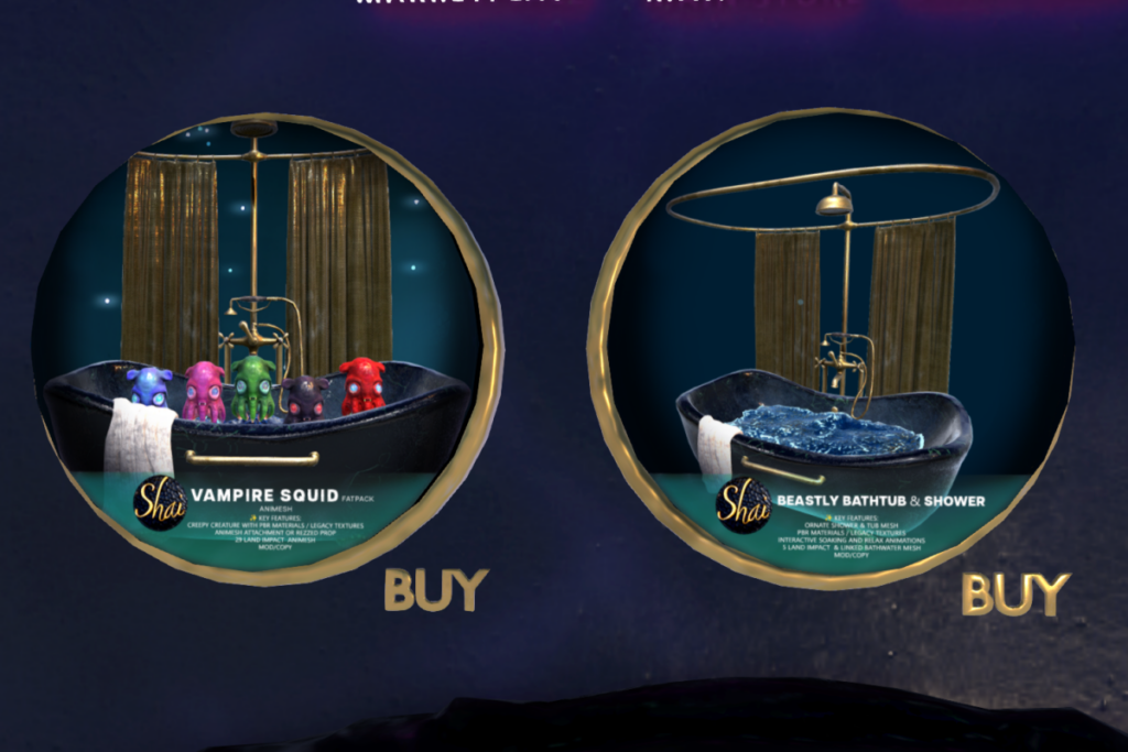 Vampire Squid Animesh Companions, L$299 each/L$1299 FP | Beastly Bathtub &amp; Shower, L$399