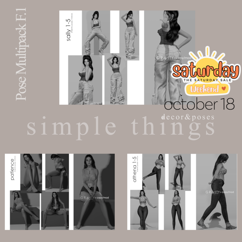 F1 Pose Multipack	&lt;a href=&quot;http://maps.secondlife.com/secondlife/Simple%20Things/155/164/1502&quot; target=&quot;_blank&quot;&gt;Teleport&lt;/a&gt;