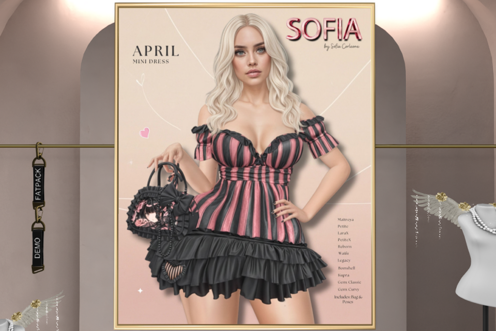 April Mini Dress with Bag - GenX/Inithium/Legacy/Maitreya/Reborn/+mods, L$125 each/L$425 FP