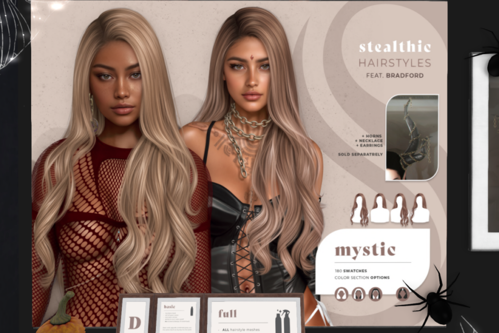 Mystic Hair, L$199-L$399 each/L$598 FP