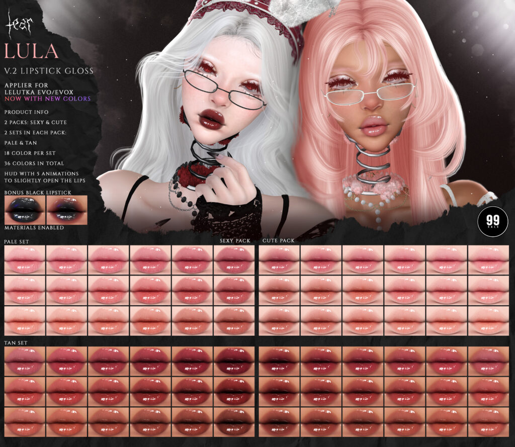 Lula V2 Lipstick Gloss - Evo/EvoX	&lt;a href=&quot;http://maps.secondlife.com/secondlife/Hashira/150/190/3&quot; target=&quot;_blank&quot;&gt;Teleport&lt;/a&gt;