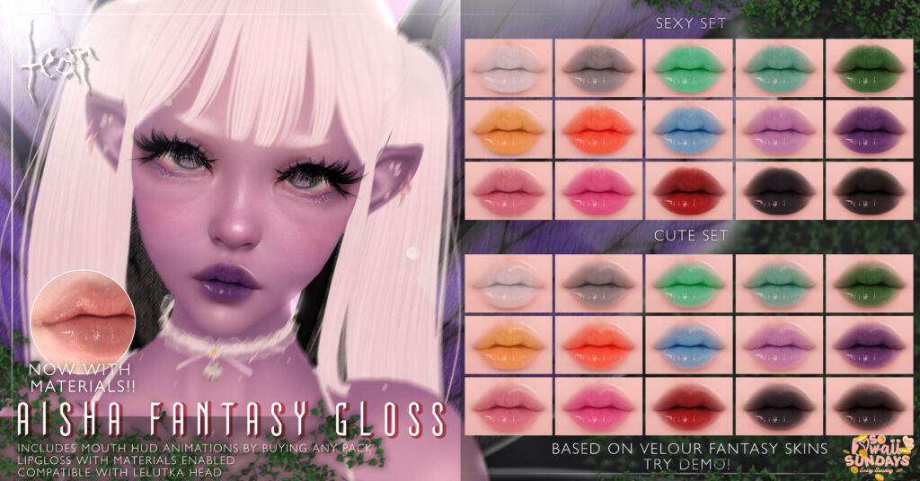 Aisha Fantasy Gloss - EvoX	&lt;a href=&quot;http://maps.secondlife.com/secondlife/Hashira/150/190/3&quot; target=&quot;_blank&quot;&gt;Teleport&lt;/a&gt;