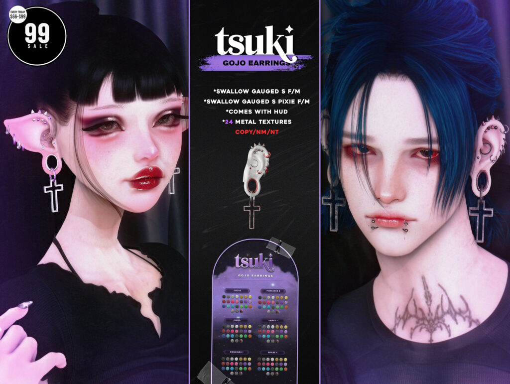 Gojo Earrings - Swallow Gauged Ears S F+M/Swallow Gauged Ears Pixie F+M	&lt;a href=&quot;http://maps.secondlife.com/secondlife/Dark%20Desires/240/183/24&quot; target=&quot;_blank&quot;&gt;Teleport&lt;/a&gt;