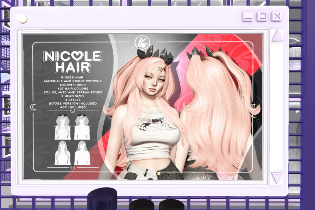 Nicole Hair	&lt;a href=&quot;http://maps.secondlife.com/secondlife/Hashira/212/44/4&quot; target=&quot;_blank&quot;&gt;Teleport&lt;/a&gt;