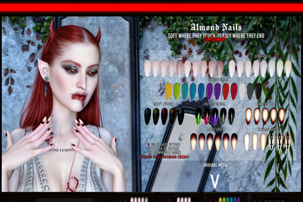 Almond Nails &amp; Polishes - Erika/Inithium/Nhumana/Reborn, L$444 Base Nails/L$333 each Polish/L$1515 FP