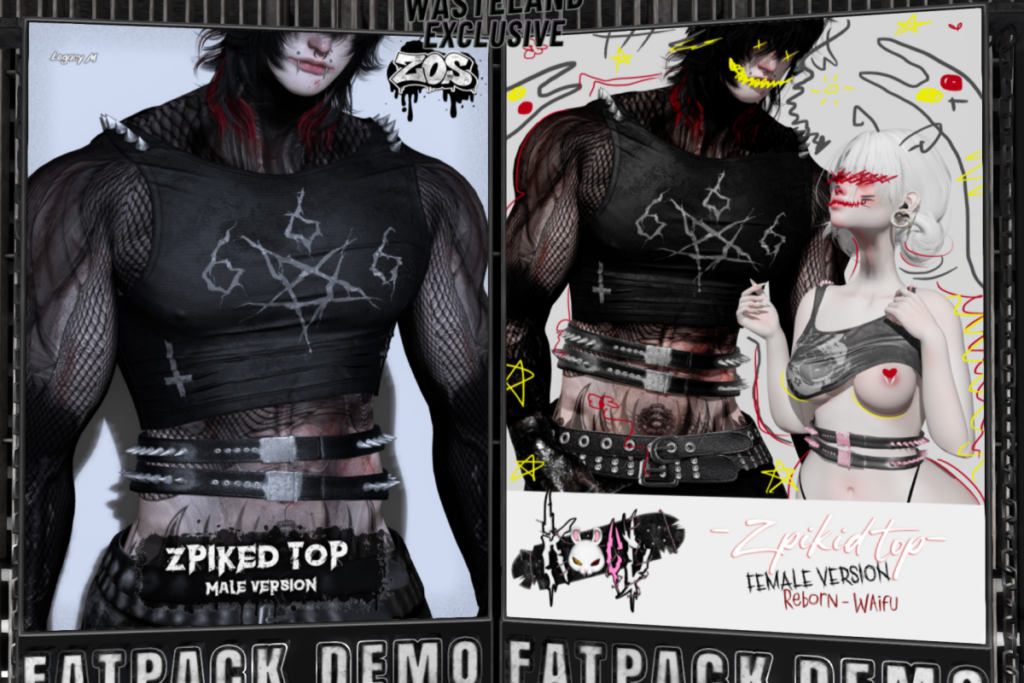 Zpiked Top - Legacy M, L$300 each/L$1100 FP  | Zipikid Top - Reborn/+mods, L$300 each/L$1100 FP
