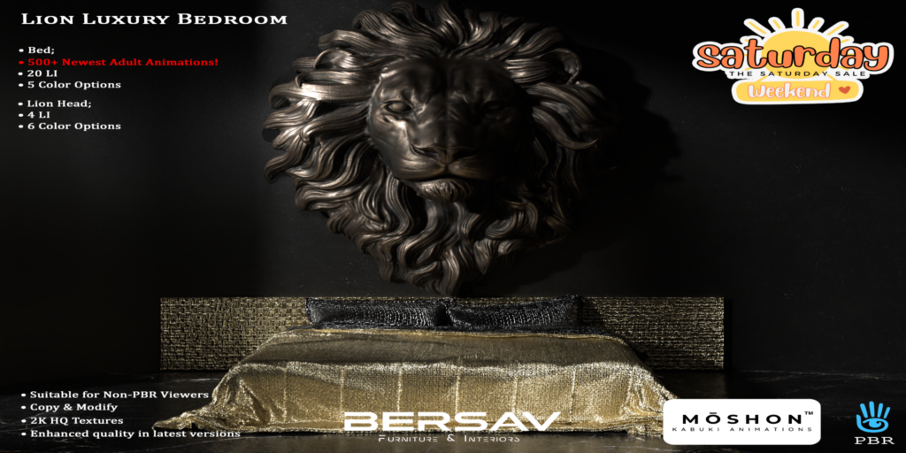 Lion Bedroom	&lt;a href=&quot;http://maps.secondlife.com/secondlife/Abode/101/19/22&quot; target=&quot;_blank&quot;&gt;Teleport&lt;/a&gt;