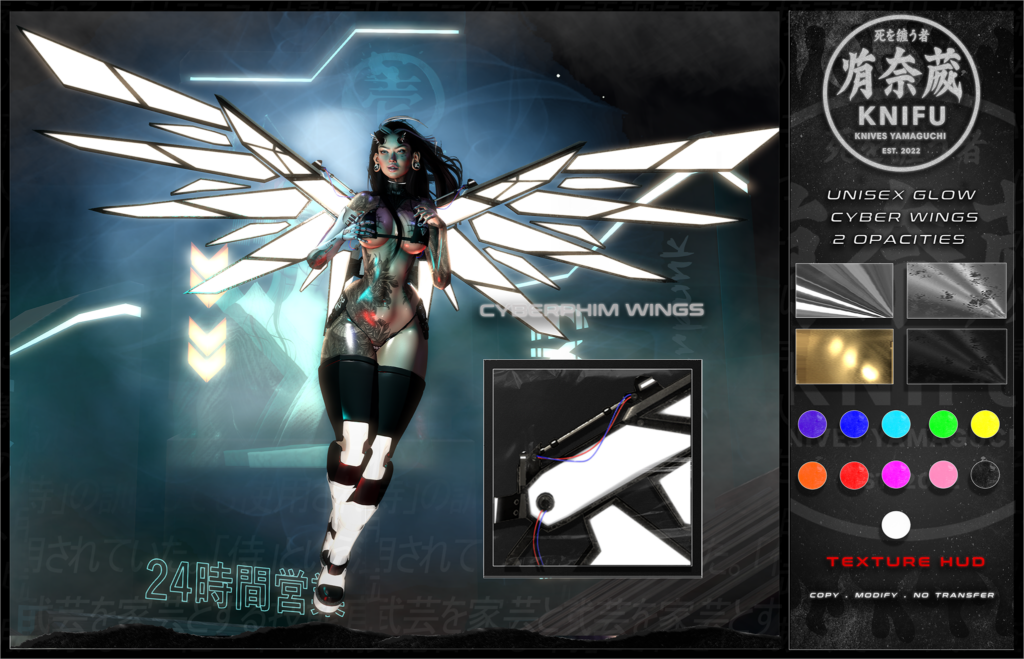 Cyberphim Wings	&lt;a href=&quot;http://maps.secondlife.com/secondlife/Shinigami/95/223/3&quot; target=&quot;_blank&quot;&gt;Teleport&lt;/a&gt;