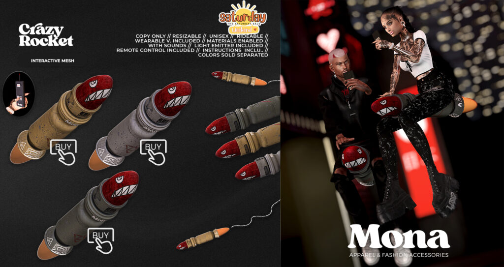 Crazy Rocket Rideable	&lt;a href=&quot;https://maps.secondlife.com/secondlife/Tulsa%20Time/97/217/1502&quot; target=&quot;_blank&quot;&gt;Teleport&lt;/a&gt;
