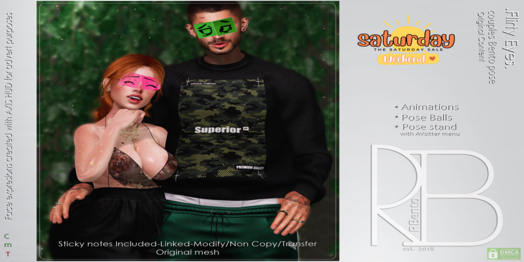Flirty Eyes Pose	&lt;a href=&quot;http://maps.secondlife.com/secondlife/Lost%20Inhibitions/158/195/25&quot; target=&quot;_blank&quot;&gt;Teleport&lt;/a&gt;