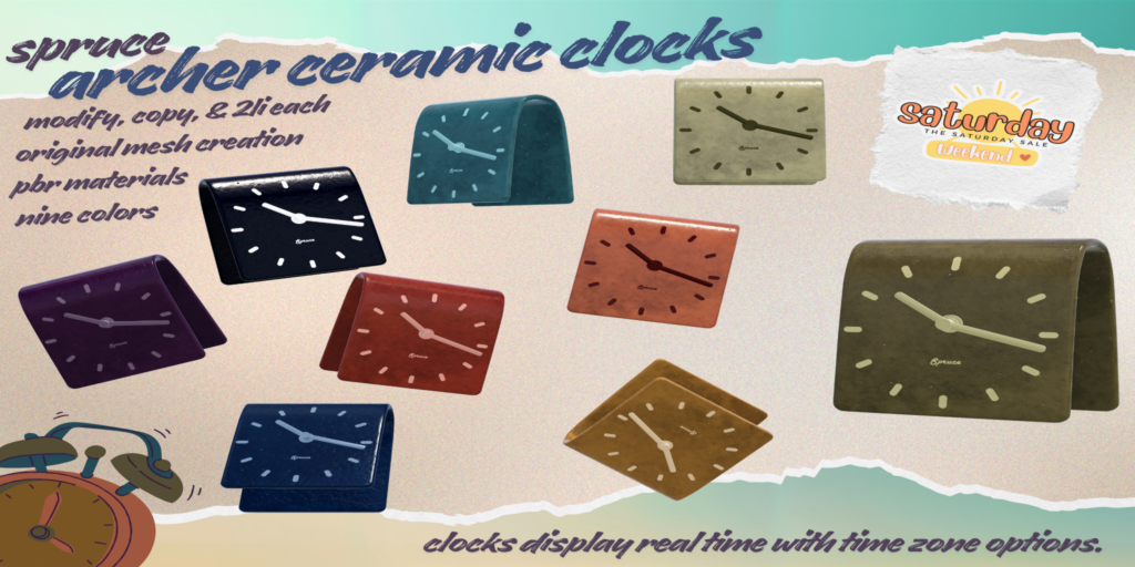 Archer Ceramic Clocks 	&lt;a href=&quot;http://maps.secondlife.com/secondlife/Evermore/128/11/751&quot; target=&quot;_blank&quot;&gt;Teleport&lt;/a&gt;