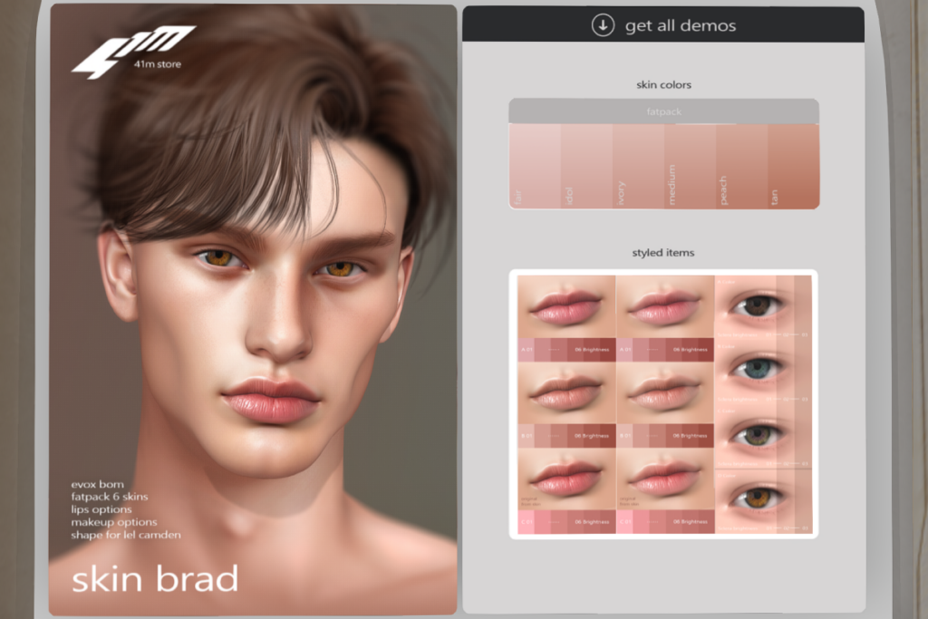 Brad Skin - EvoX, L$799 each | Brad Lips - EvoX, L$299 each | Brad Eyes - EvoX, L$199