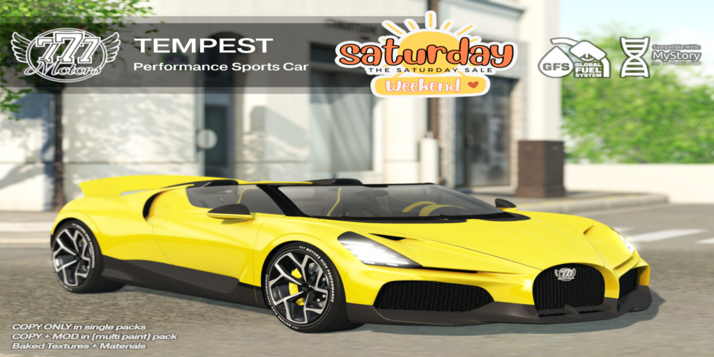 Tempest Performance Sports Car Yellow	&lt;a href=&quot;http://maps.secondlife.com/secondlife/Highway%20Star/144/134/23&quot; target=&quot;_blank&quot;&gt;Teleport&lt;/a&gt;