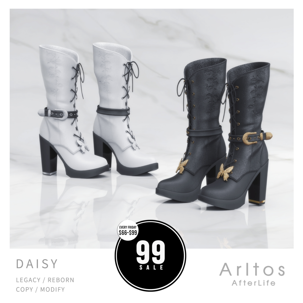 Daisy Boots - Legacy/Reborn	&lt;a href=&quot;http://maps.secondlife.com/secondlife/The%20Sign%20II/20/197/21&quot; target=&quot;_blank&quot;&gt;Teleport&lt;/a&gt;