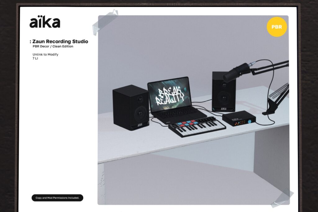 Zaun Recording Studio	&lt;a href=&quot;http://maps.secondlife.com/secondlife/aika%20mainstore/125/16/11&quot; target=&quot;_blank&quot;&gt;Teleport&lt;/a&gt;