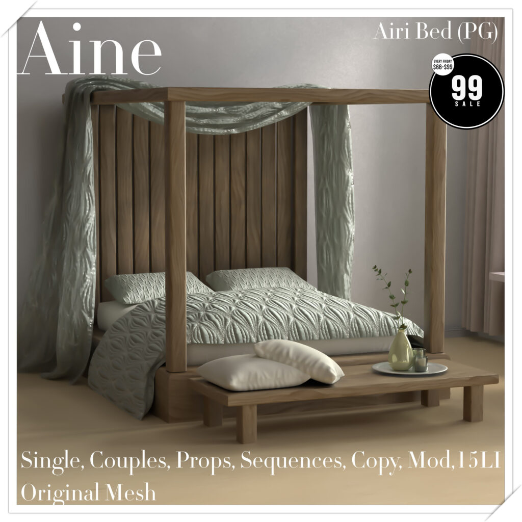 Airi Bed	&lt;a href=&quot;http://maps.secondlife.com/secondlife/Spirit%20Hills/128/228/22&quot; target=&quot;_blank&quot;&gt;Teleport&lt;/a&gt;