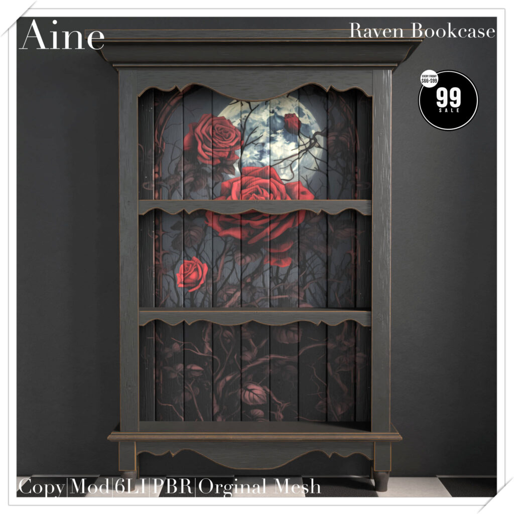 Raven Bookcase	<a href="http://maps.secondlife.com/secondlife/Spirit%20Hills/128/228/22" target="_blank">Teleport</a>