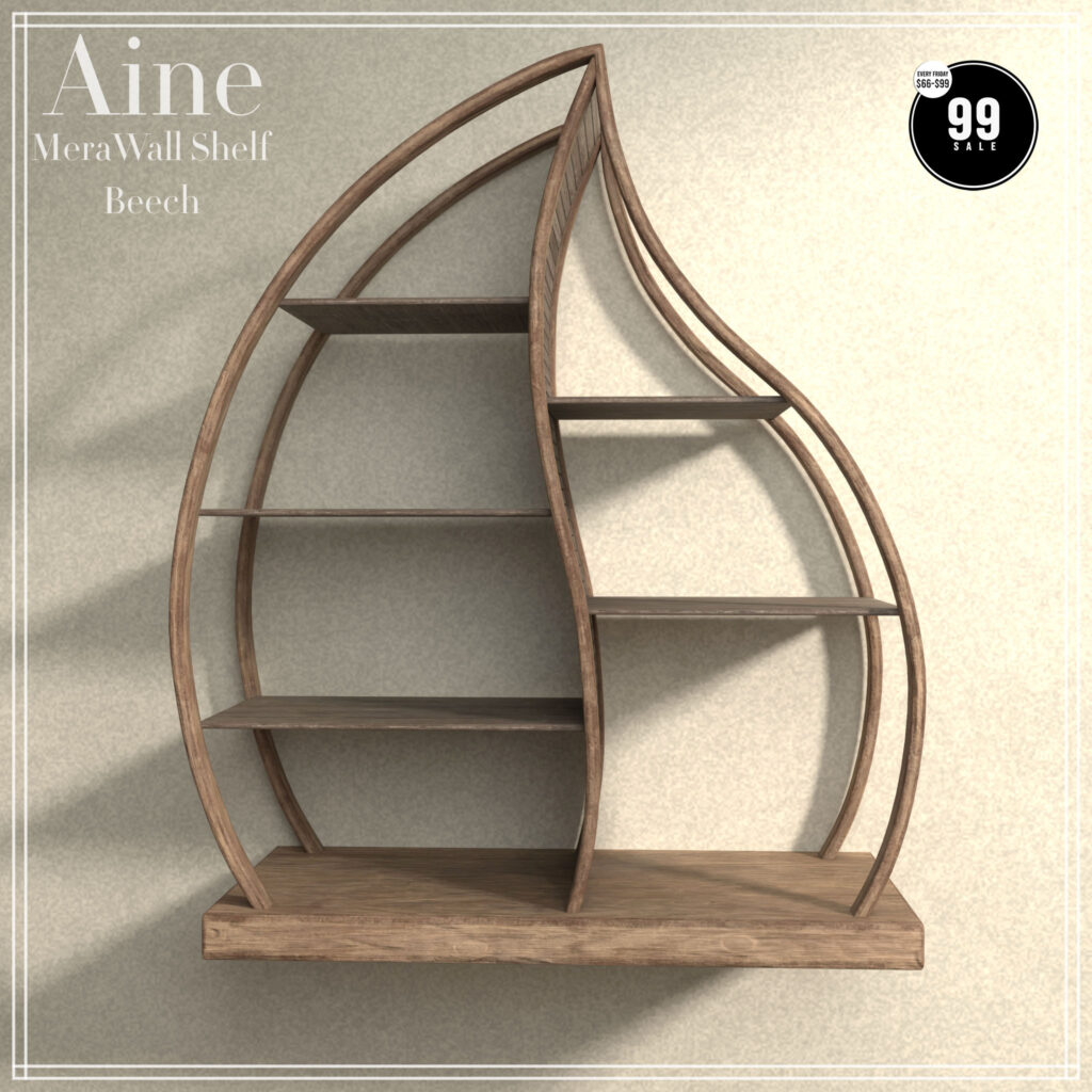 Mera Wall Shelf Beech Decor	&lt;a href=&quot;http://maps.secondlife.com/secondlife/Spirit%20Hills/128/228/22&quot; target=&quot;_blank&quot;&gt;Teleport&lt;/a&gt;