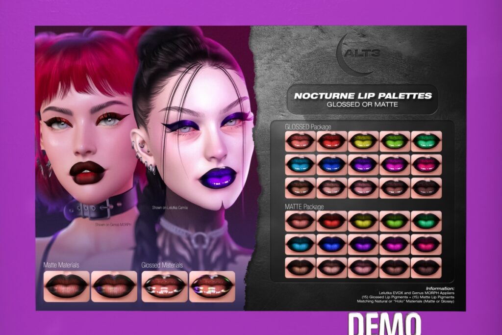 Nocturn Lip Palettes Lipstick - EvoX/Genus	&lt;a href=&quot;http://maps.secondlife.com/secondlife/The%20Fifty%20Two/65/125/21&quot; target=&quot;_blank&quot;&gt;Teleport&lt;/a&gt;