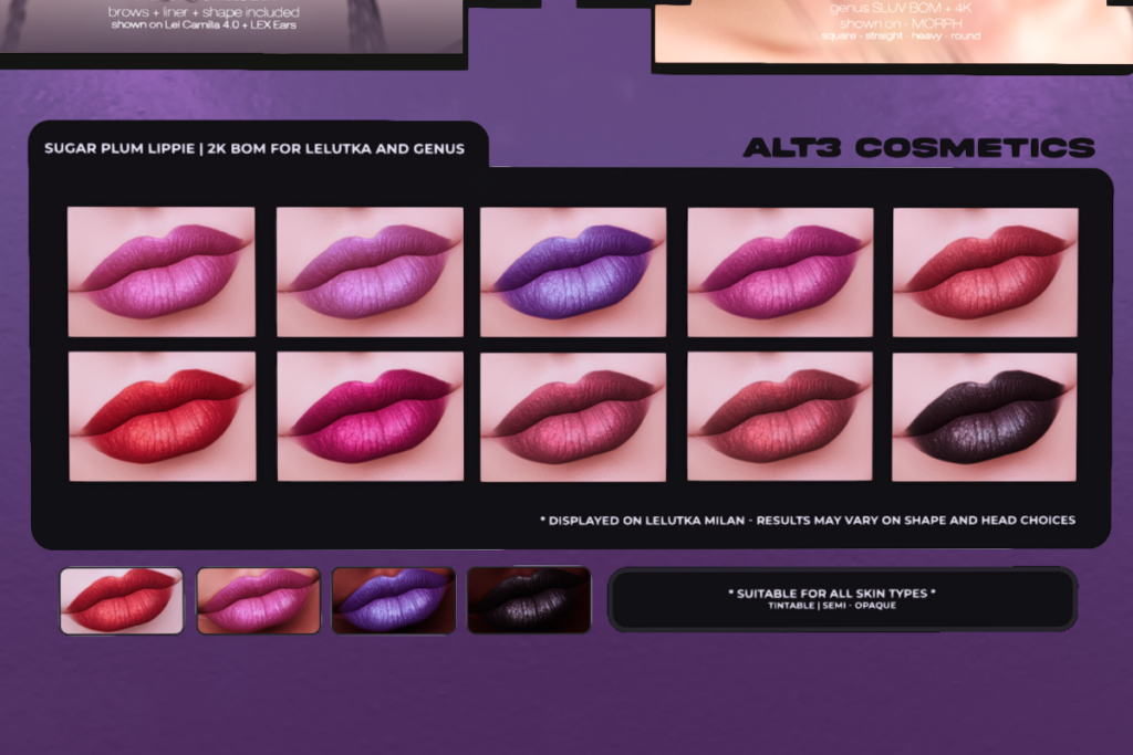 Sugar Plum Lippie - EvoX/Genus	&lt;a href=&quot;http://maps.secondlife.com/secondlife/aika%20mainstore/127/43/11&quot; target=&quot;_blank&quot;&gt;Teleport&lt;/a&gt;