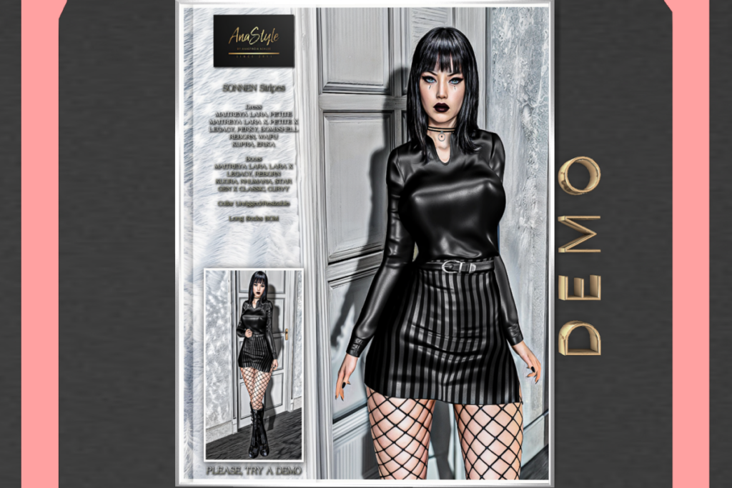 Sonnen Stripes Dress - Erika/Inithium/Legacy/Maitreya/Reborn/+mods, L$199 each/L$980 FP | Sonnen Boots - GenX/Inithium/Legacy/Maitreya/Nhumana/Reborn/Star/+mods, L$199