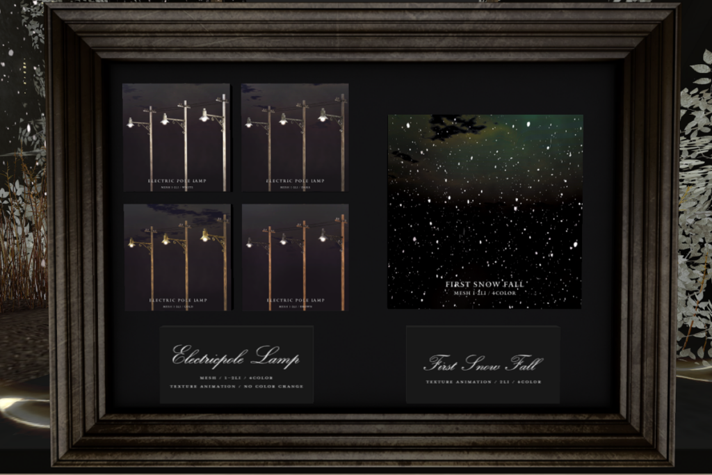 Electric Pole Lamp, L$259 each/L$599 FP | First Snow Fall, L$269 | Megapack, L$699