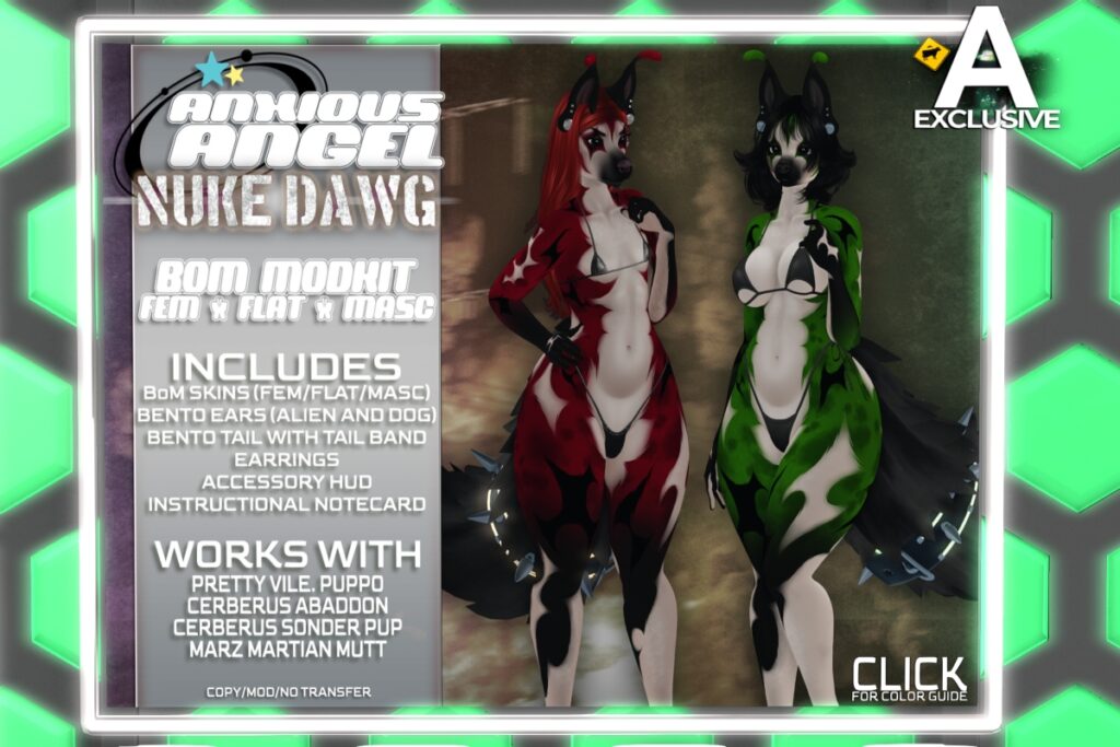 Nuke Dog Mod Kit - BOM/Cerberus Abbadon/Cerberus Sonder Pup/Marz Martian Mutt/PrettyVile Puppo, L$749 each/L$2999 FP