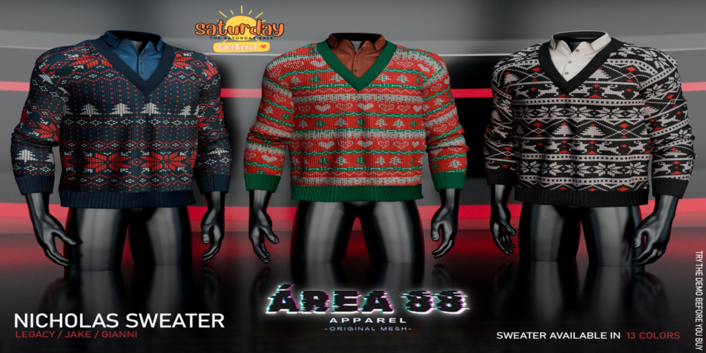 Nicholas Sweater - Gianni/Jake/Legacy	&lt;a href=&quot;http://maps.secondlife.com/secondlife/Birdcage/158/74/2802&quot; target=&quot;_blank&quot;&gt;Teleport&lt;/a&gt;