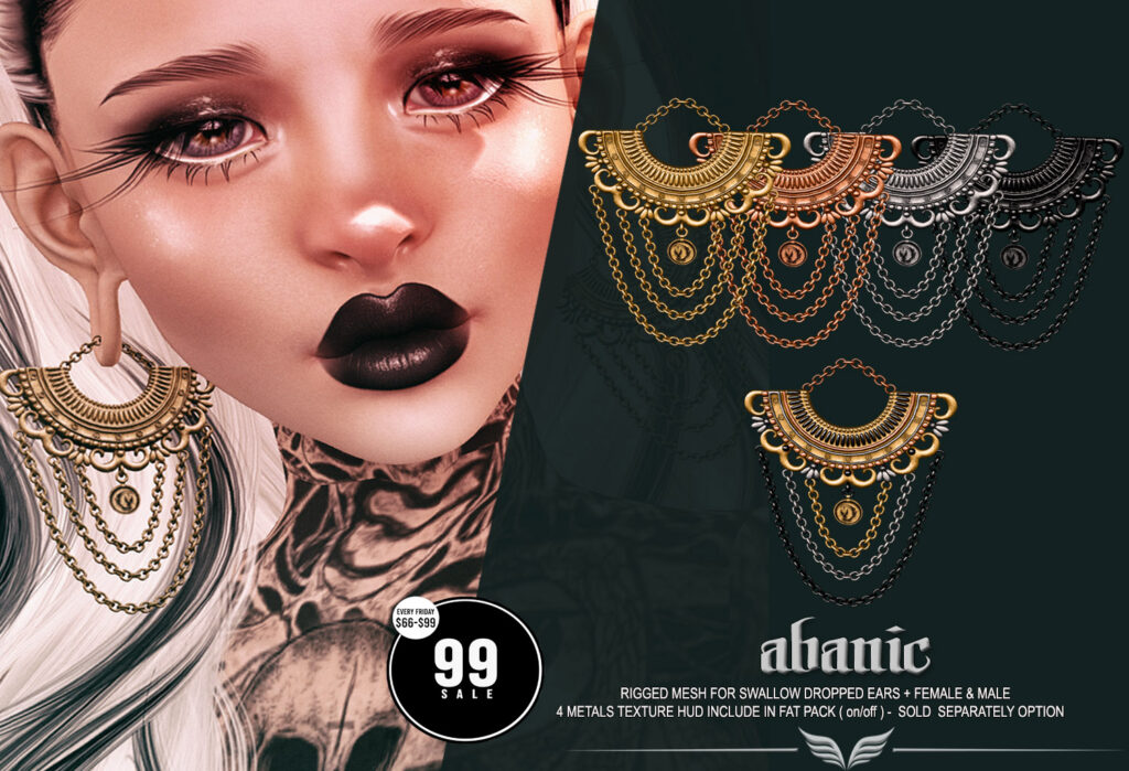 Abanic Earrings - Swallow Dropped Ears F+M	<a href="https://maps.secondlife.com/secondlife/Amazing%20Dreams/33/213/2500" target="_blank">Teleport</a>