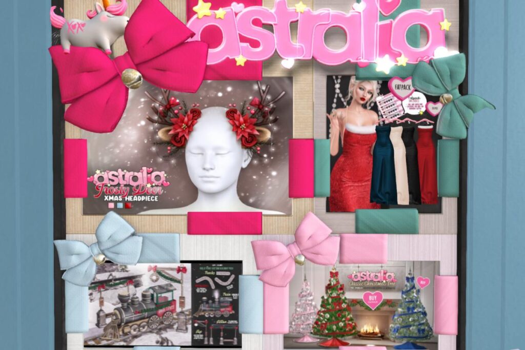 Frosty Deer XMAS Headpiece, L$239 | Neve Dress - Inithium/Legacy/Maitreya/Reborn, L$899 | Christmas Train W/Interactive Track System, L$899 | Classic Christmas Tree, L$419 each/L$779 FP