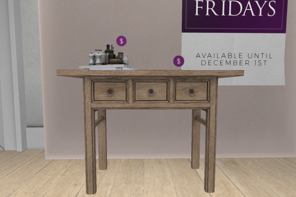 Chefs Accouterment On Marble Board | Three Drawer Console	&lt;a href=&quot;http://maps.secondlife.com/secondlife/Avani/134/130/803&quot; target=&quot;_blank&quot;&gt;Teleport&lt;/a&gt;