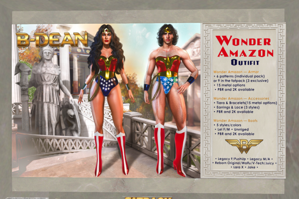 Wonder Amazon Outfit - Jake/Legacy F+M/Reborn/+mods, L$199-L$299 each