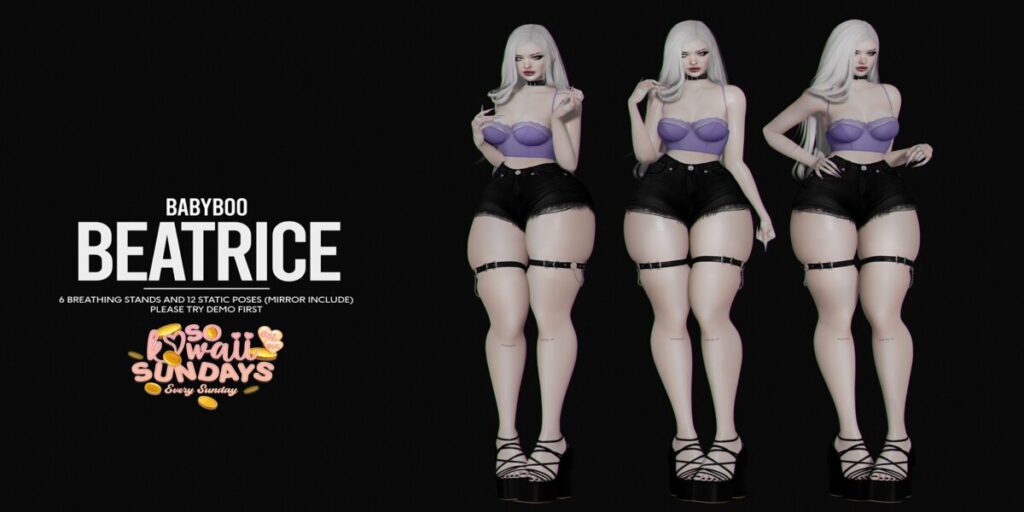 Beatrice Poses	&lt;a href=&quot;http://maps.secondlife.com/secondlife/Cult%20Grounds/16/23/1022&quot; target=&quot;_blank&quot;&gt;Teleport&lt;/a&gt;