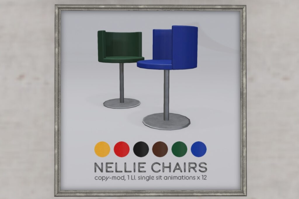 Nellie Chairs	&lt;a href=&quot;http://maps.secondlife.com/secondlife/chopsticks/128/128/0&quot; target=&quot;_blank&quot;&gt;Teleport&lt;/a&gt;