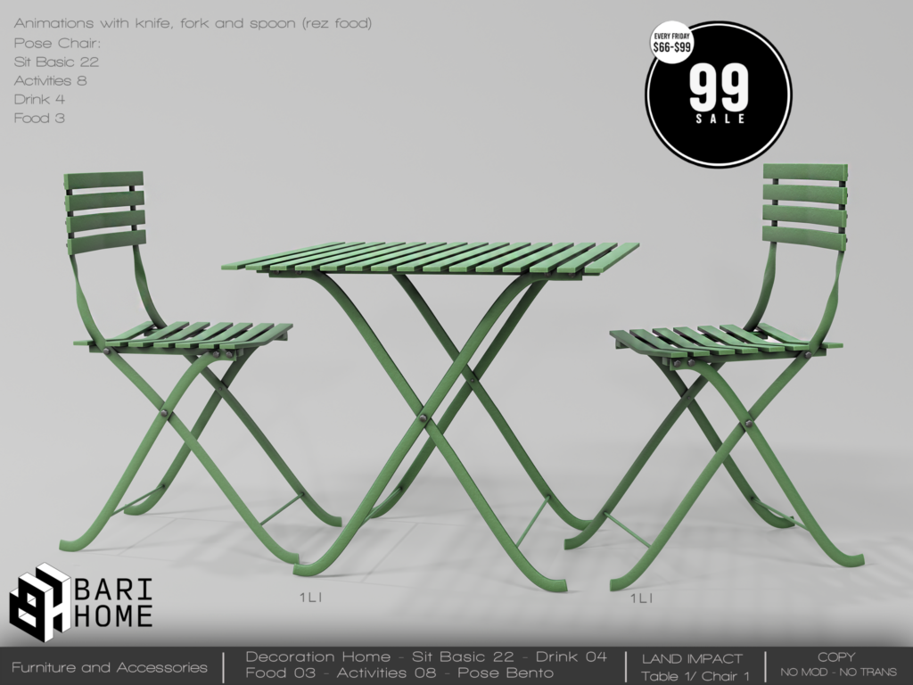 Metal Garden Bistro Set	<a href="http://maps.secondlife.com/secondlife/Magic%20Sky/196/142/2022" target="_blank">Teleport</a>