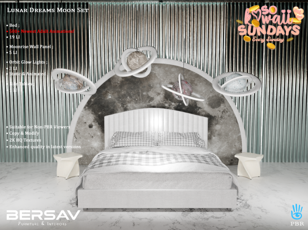 Lunar Dreams Mood Bedroom Set	&lt;a href=&quot;https://maps.secondlife.com/secondlife/Abode/101/19/22&quot; target=&quot;_blank&quot;&gt;Teleport&lt;/a&gt;