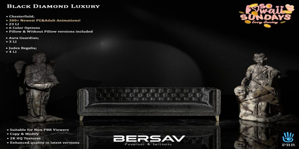 Black Diamond Luxury Decor Set	&lt;a href=&quot;http://maps.secondlife.com/secondlife/Abode/101/19/22&quot; target=&quot;_blank&quot;&gt;Teleport&lt;/a&gt;