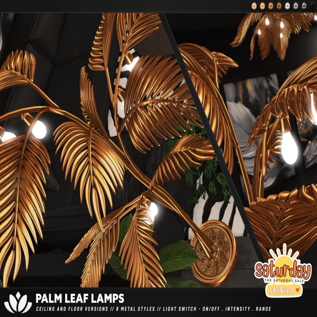 Palm Leaf Lamps Decor	&lt;a href=&quot;https://maps.secondlife.com/secondlife/BlackLotus/137/19/293&quot; target=&quot;_blank&quot;&gt;Teleport&lt;/a&gt;