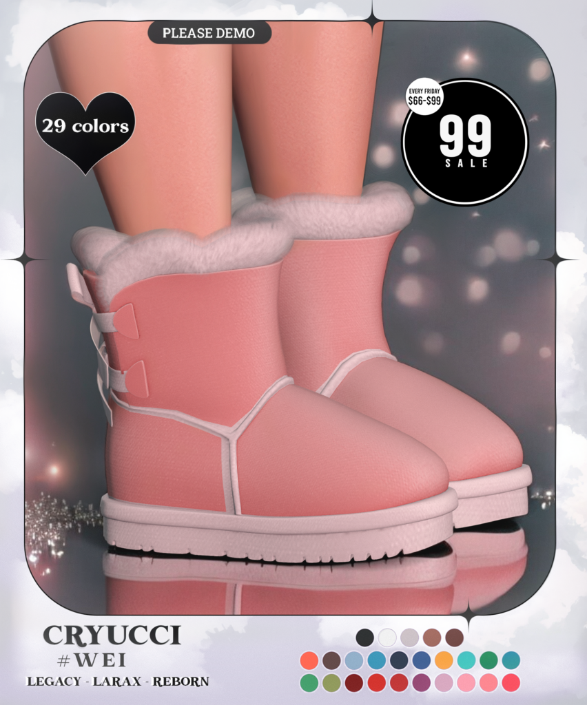 Wei Boots - Legacy/MaitreyaX/Reborn	<a href="http://maps.secondlife.com/secondlife/Axell/179/97/1570" target="_blank">Teleport</a>