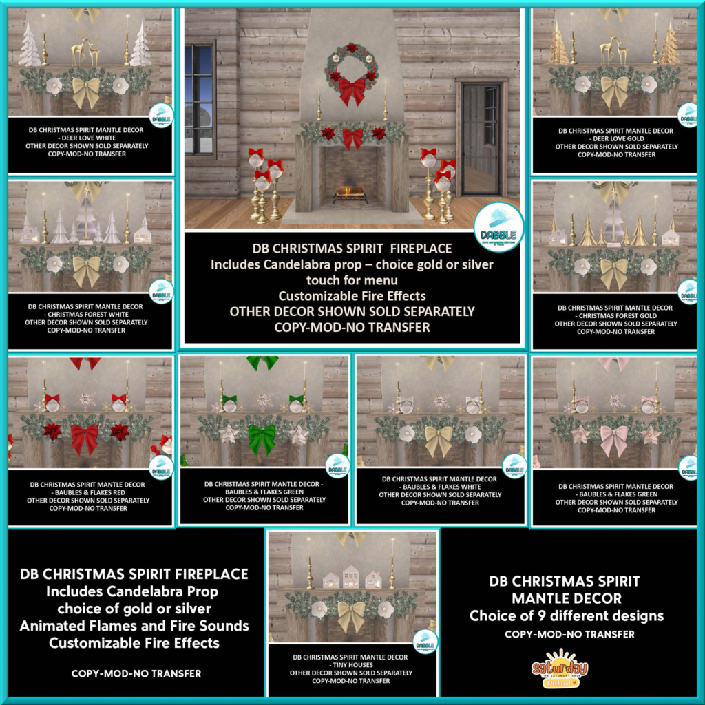 Christmas Spirit Collection Decor Set	&lt;a href=&quot;http://maps.secondlife.com/secondlife/Casvian%20Caye/164/74/22&quot; target=&quot;_blank&quot;&gt;Teleport&lt;/a&gt;