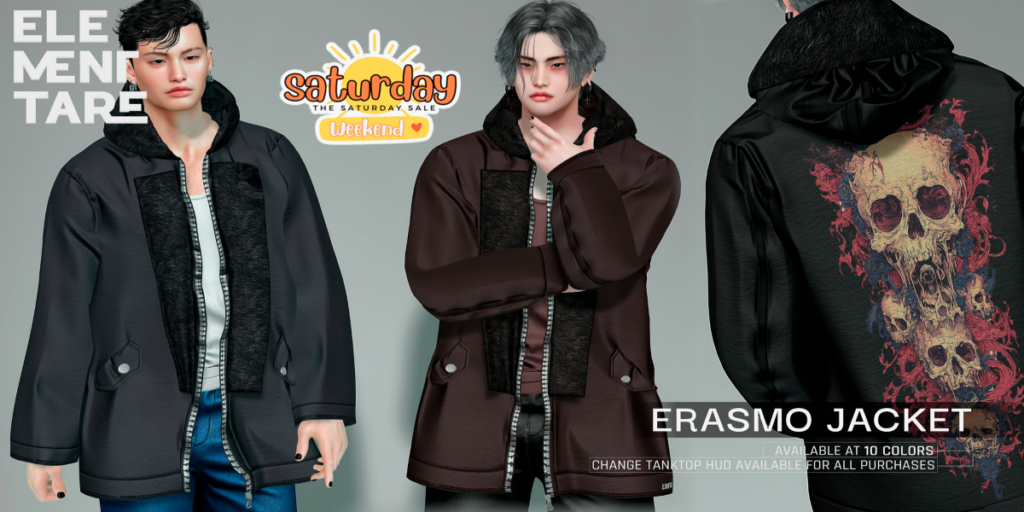 Erasmo Jacket - no fits listed	&lt;a href=&quot;http://maps.secondlife.com/secondlife/Heartbreak/131/129/166&quot; target=&quot;_blank&quot;&gt;Teleport&lt;/a&gt;