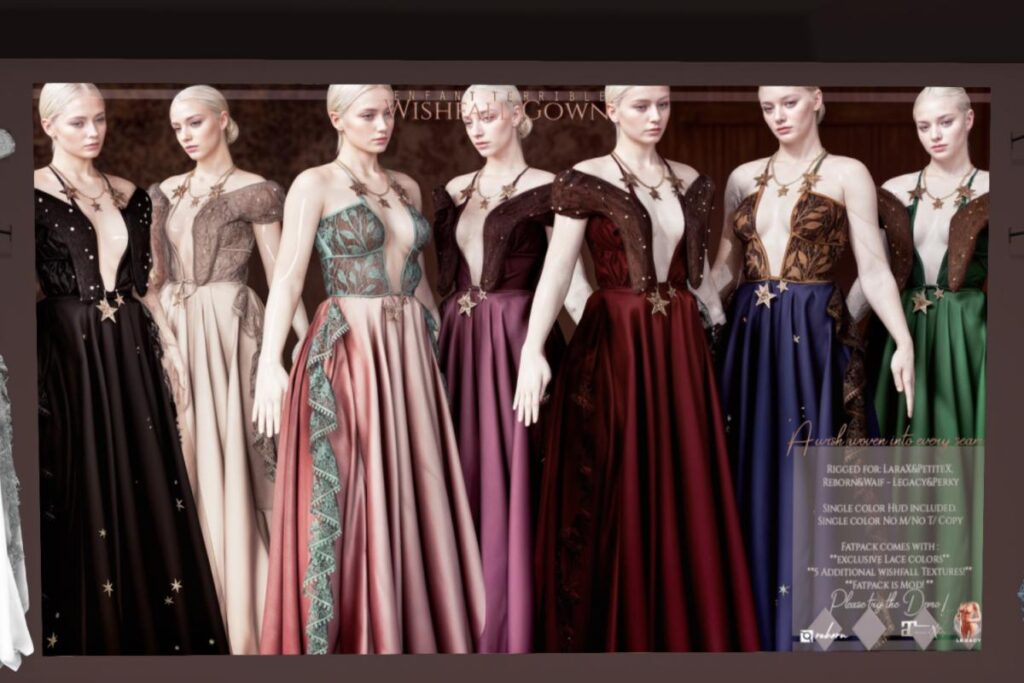 Wishfall Gown and Fur - Legacy/MaitreyaX/Reborn/+mods, L$225-L$325 each/L$799-L$2155 each FP