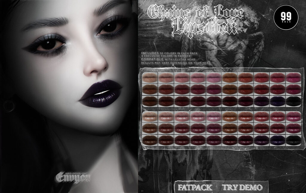 Chains of Love Lipstick - EvoX	<a href="http://maps.secondlife.com/secondlife/Sintetica/160/163/320" target="_blank">Teleport</a>