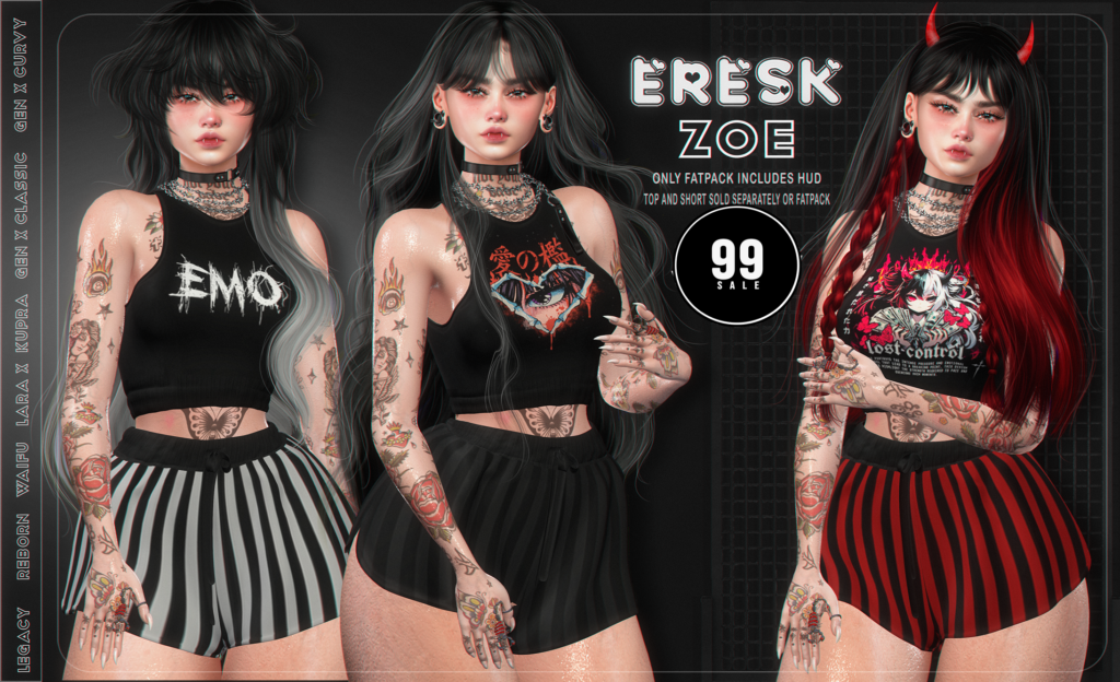 Zoe Top &amp; Shorts - GenX/Inithium/Legacy/MaitreyaX/Reborn/+mods	&lt;a href=&quot;http://maps.secondlife.com/secondlife/Rapturous%20Isle/54/207/22&quot; target=&quot;_blank&quot;&gt;Teleport&lt;/a&gt;