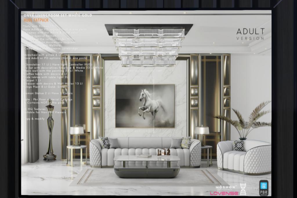 Onyx Living Room White/Gold Set, L$590-L$1190 each/L$3990 Adult FP