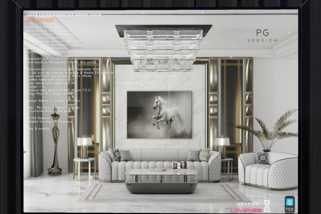 Onyx Living Room White/Gold Set, L$590-L$1190 each/L$3490 PG FP